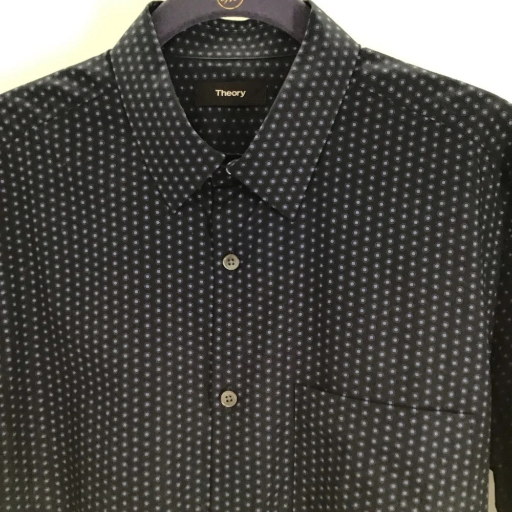 Theory Men’s Classic Casual Long sleeve Button-Down Shirt Polka Dot Navy Size S - Picture 3 of 7
